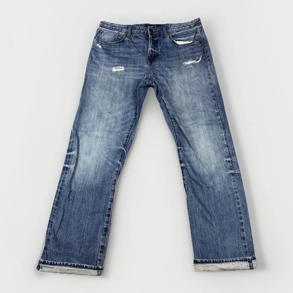 Banana Republic Jeans Mens 36x34 Blue Selvedge Slim Fit Distressed Button Fly